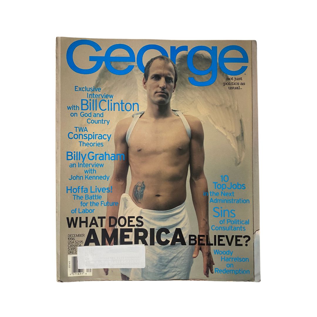 Cover image of George Magazine December 1996 featuring Woody Harrelson, showcasing an exclusive interview with Bill Clinton and highlighting political and cultural themes.