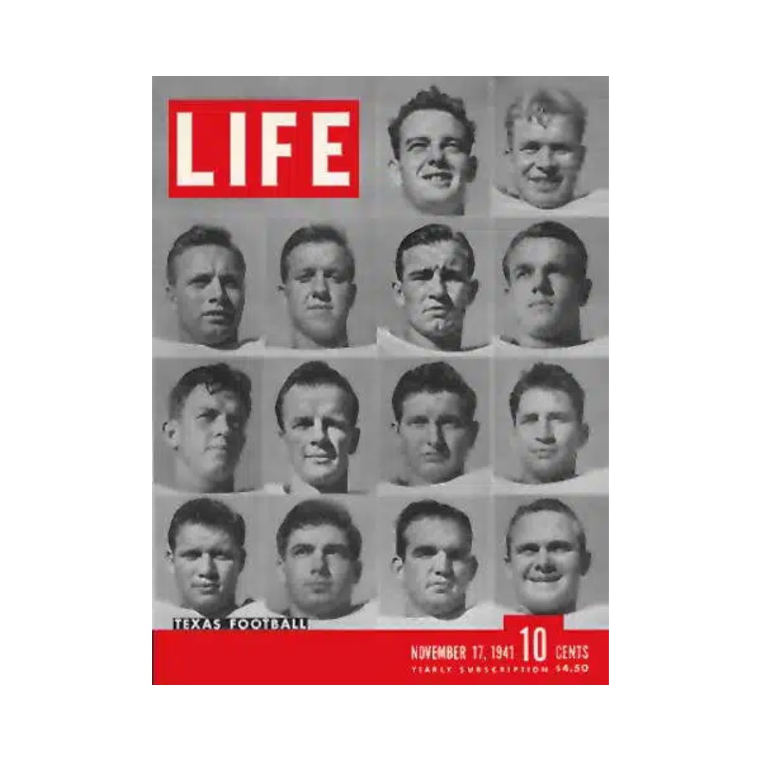 Cover of VTG Life Magazine from November 17, 1941, featuring the University of Texas football team players in a grid format, highlighting their faces and showcasing the theme of Texas Football.