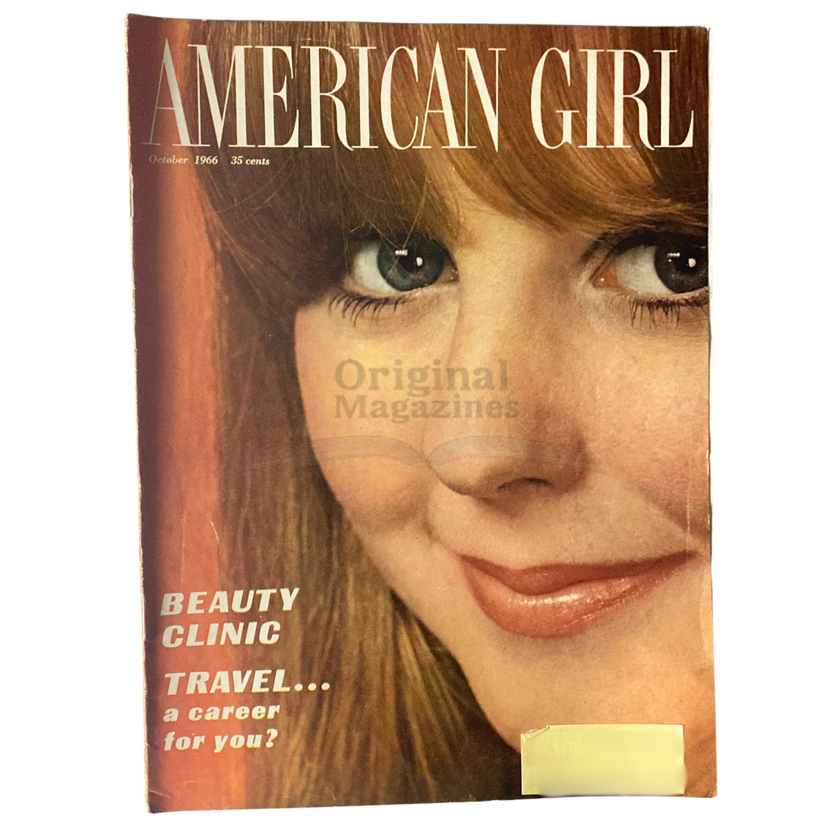 Cover of American Girl Magazine from October 1966 featuring a close-up of a young woman's face with the words 'Beauty Clinic' and 'Travel... a career for you?' showcasing vintage magazine design.