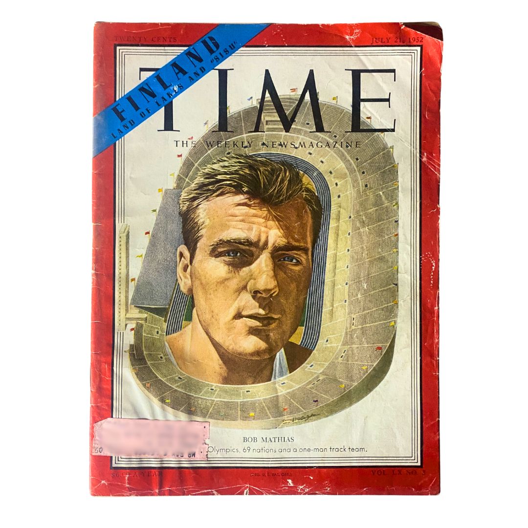 Vintage Time Magazine July 21, 1952 featuring athlete Bob Mathias on the cover, showcasing the iconic Olympic stadium background.