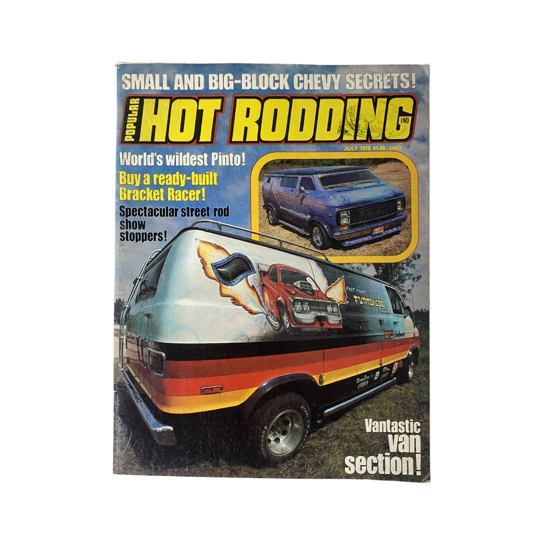 Cover of Popular Hot Rodding Magazine July 1976 featuring a colorful custom van and highlighting the topic 'Buy a ready-built Bracket Racer'.