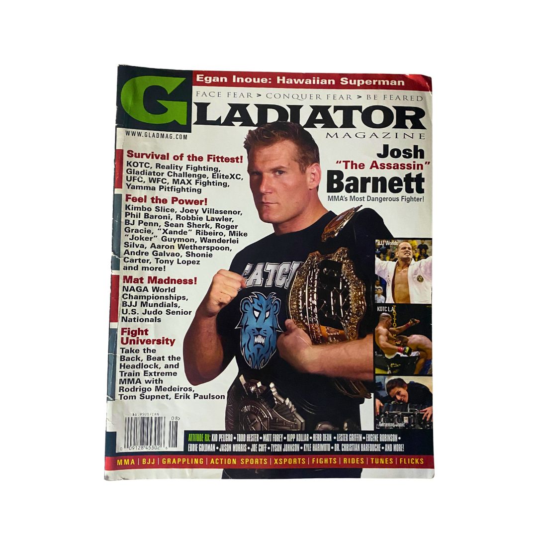 Gladiator Magazine Issue No. 8 featuring Josh 'The Assassin' Barnett on the cover, highlighting MMA's dangerous fighter with a championship title.