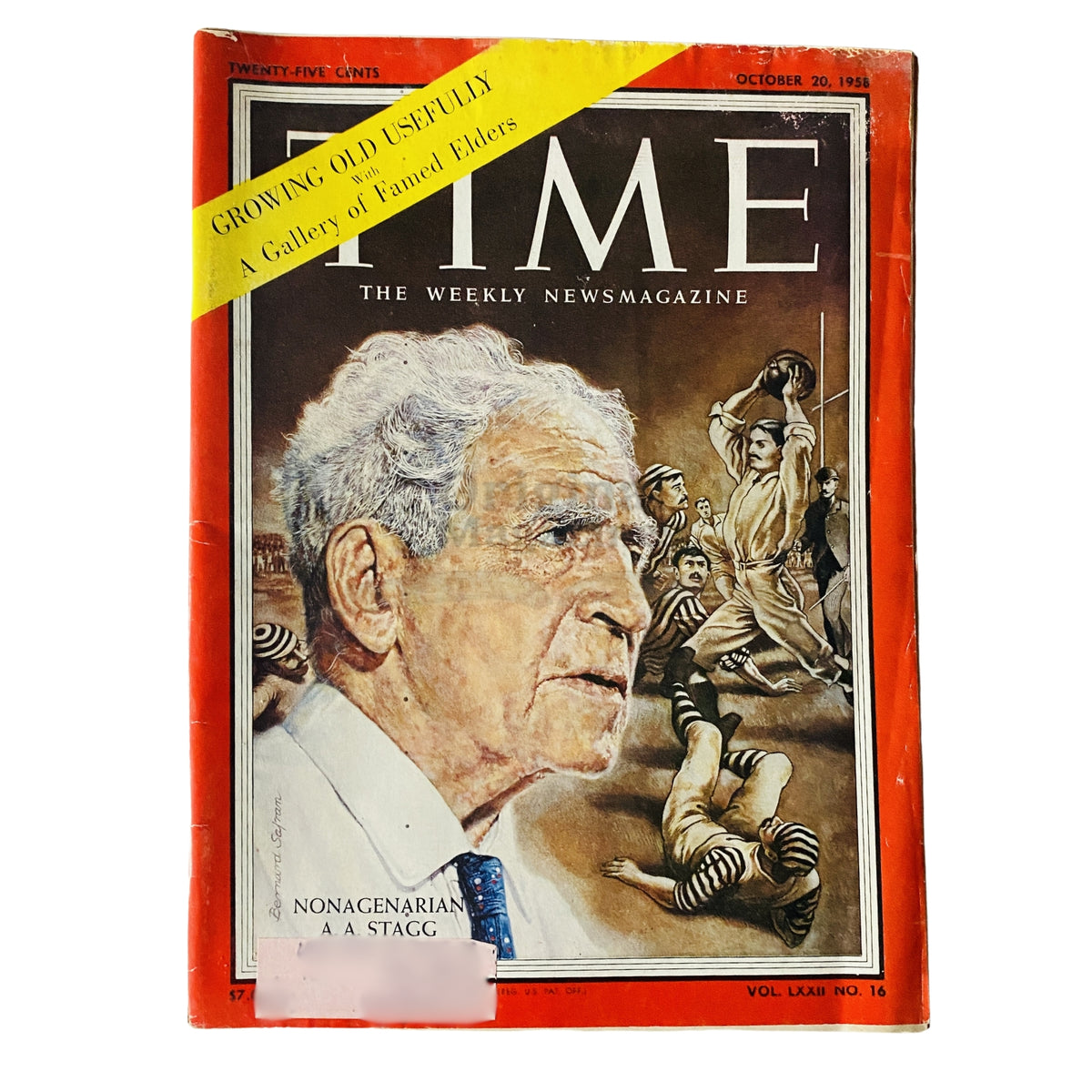 Time Magazine cover from October 20, 1958, Volume 72, Number 16 featuring A. A. Stagg, highlighting his legacy in sports with an artistic portrayal and the headline 'NONAGENARIAN A. A. STAGG'.