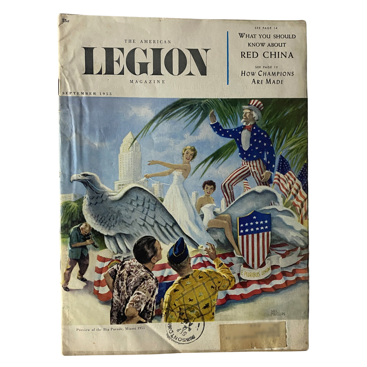 Cover of The American Legion Magazine September 1955 issue featuring themes of Miami's National Convention, vibrant illustrations, and notable articles on military and cultural topics.