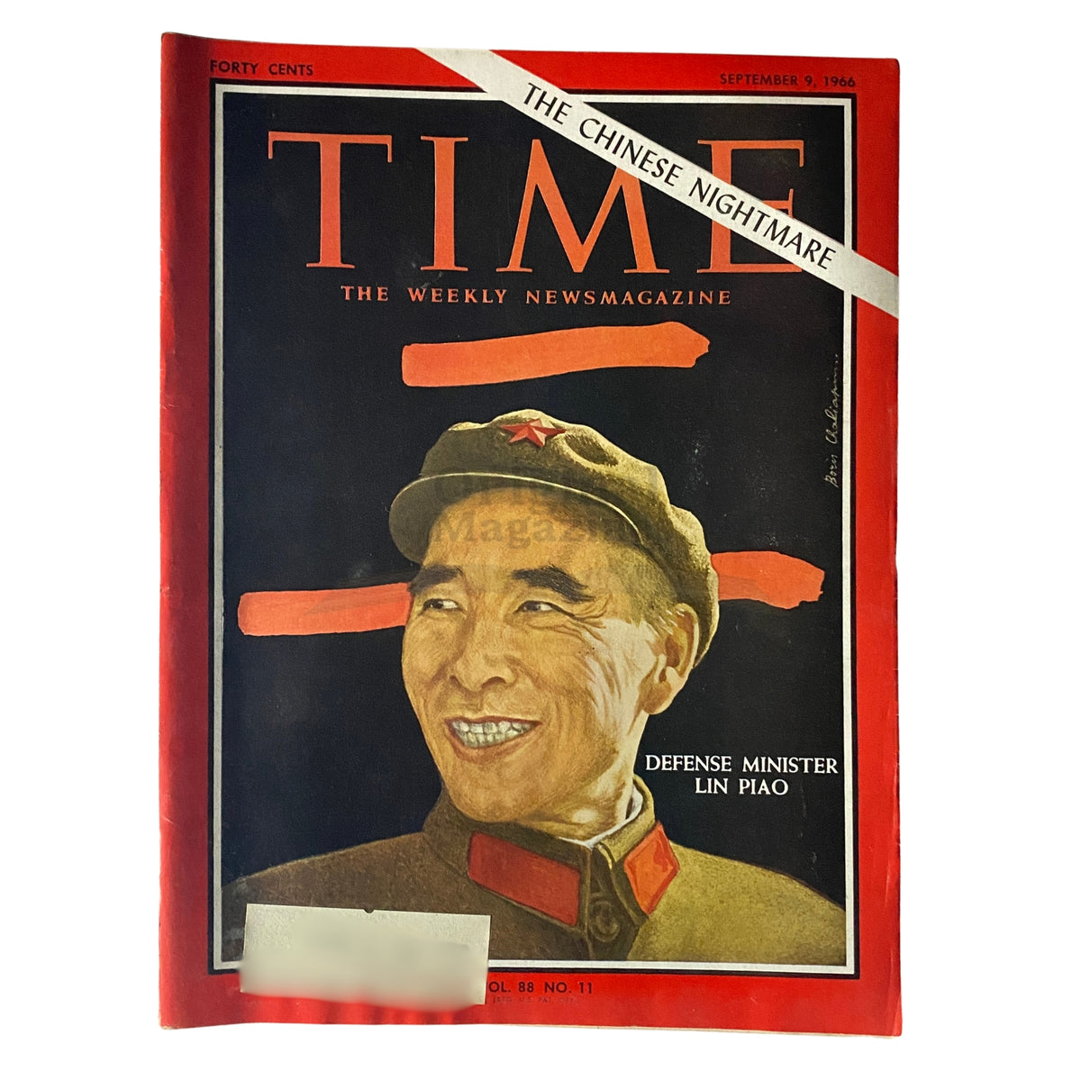 Cover of Time Magazine dated September 9, 1966, Volume 88, No. 11, featuring Defense Minister Lin Piao with the headline 'The Chinese Nightmare'. This vintage magazine offers insight into the political climate of the 1960s and is a collectible item for history enthusiasts.