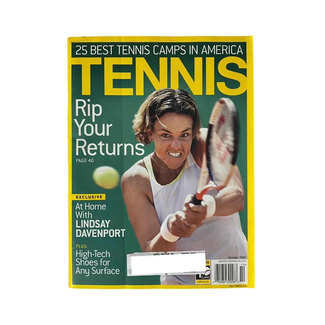 Tennis Magazine October 2005 featuring Lindsay Davenport on the cover, showcasing her holding a tennis racket with determination, emphasizing her role in tennis history.