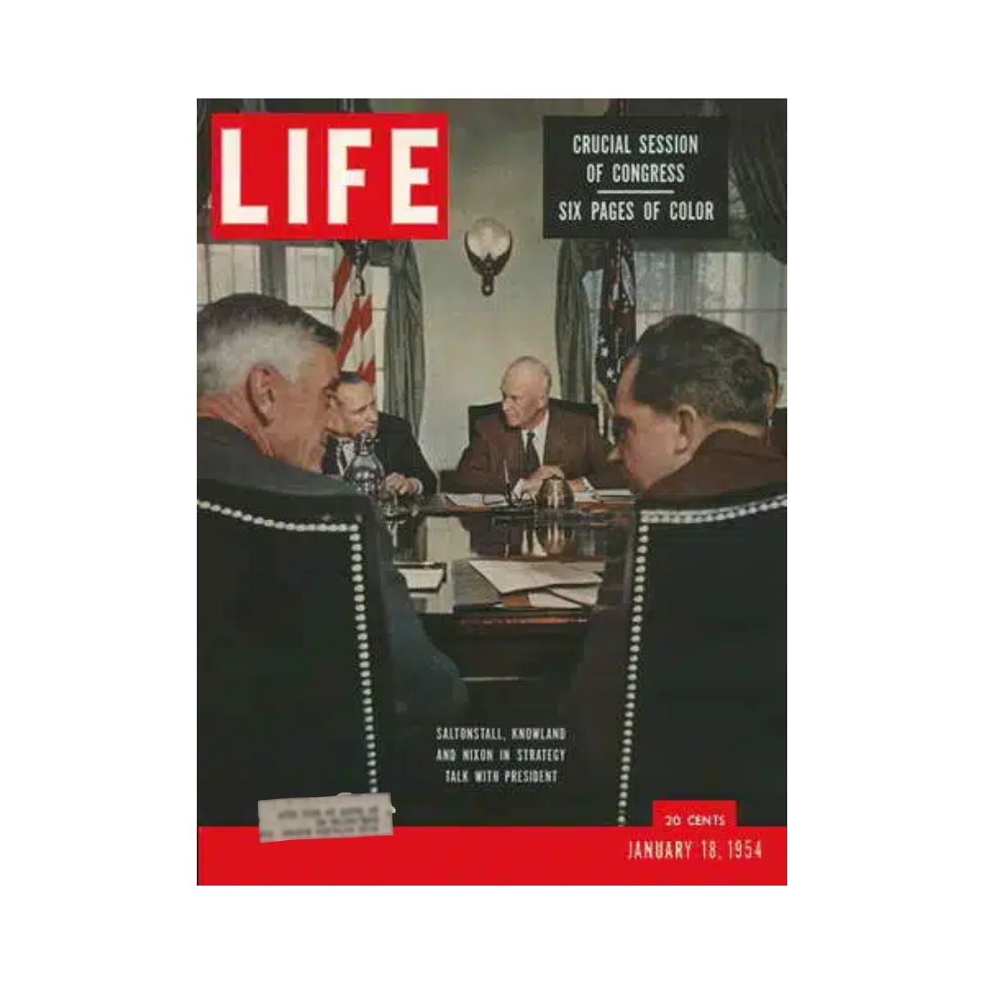 Cover of VTG Life Magazine from January 18, 1954, featuring President Eisenhower during a strategy session with notable political figures, showcasing historical American politics.