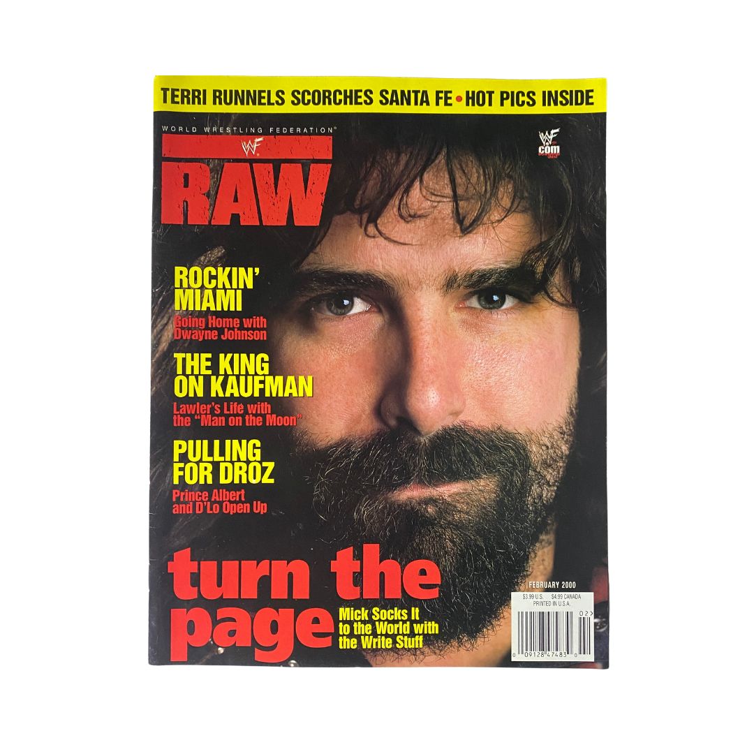 WWF Raw Wrestling Magazine February 2000 featuring iconic wrestler Mick Foley on the cover, showcasing his intense expression and vintage wrestling theme.