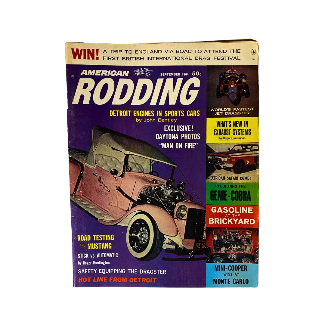 Cover of VTG American Rodding Magazine September 1964 featuring 'Road Testing The Mustang'. Highlighting vintage car culture with an illustration of a classic vehicle and articles on Detroit engines, drag racing, and vehicle safety.