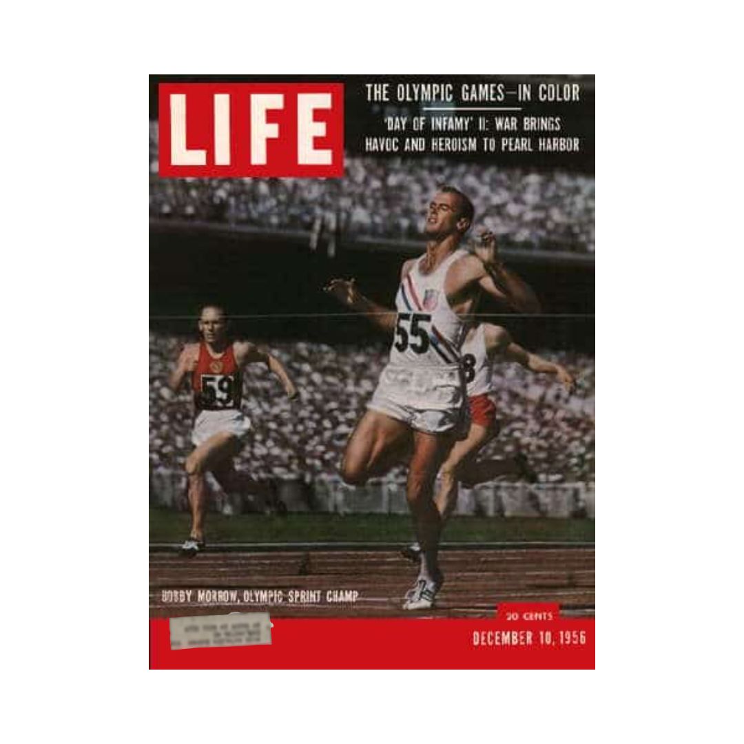 Cover of Vintage Life Magazine December 10, 1956 featuring Olympic Sprint Champion Bobby Morrow racing to victory during the Melbourne Olympics.