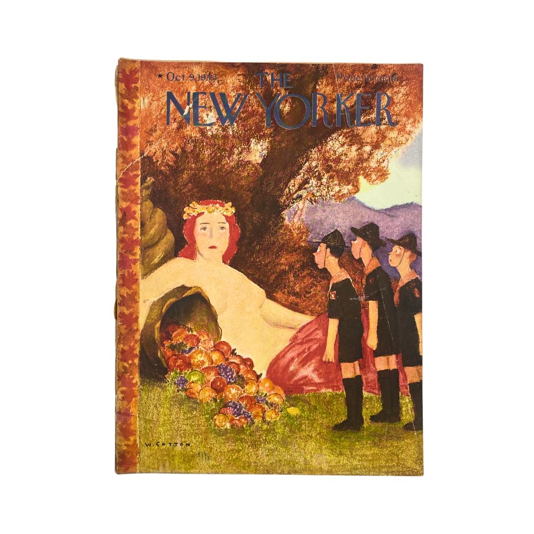 The New Yorker Complete Magazine October 9, 1943 cover art by William Cotton featuring a woman surrounded by fruit with soldiers in the foreground.