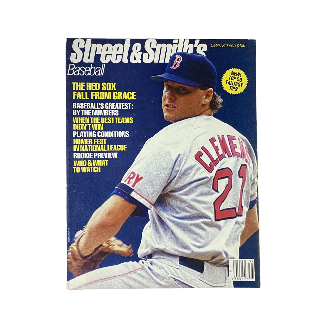 Cover of Street & Smith's Baseball Magazine 1993 featuring Roger Clemens. The magazine displays headlines on baseball topics with a picture of Clemens in a Boston Red Sox jersey.