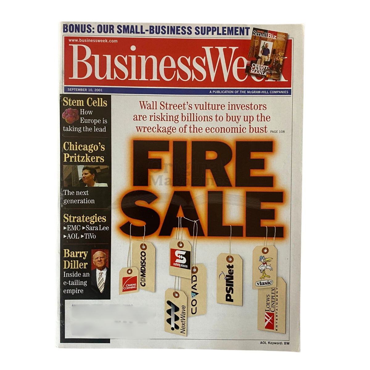 BusinessWeek Magazine September 10, 2001 cover featuring the headline 'FIRE SALE' and discussing Wall Street's vulture investors.