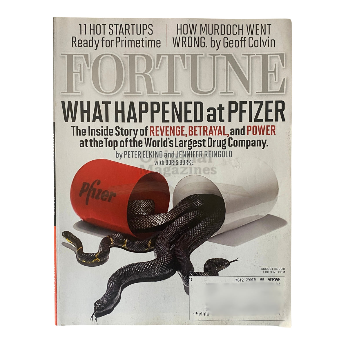 Fortune Magazine cover from August 15, 2011, featuring the title 'What Happened at Pfizer: The Inside Story of Revenge, Betrayal, and Power at the Top of the World's Largest Drug Company', highlighting significant corporate dynamics at Pfizer.