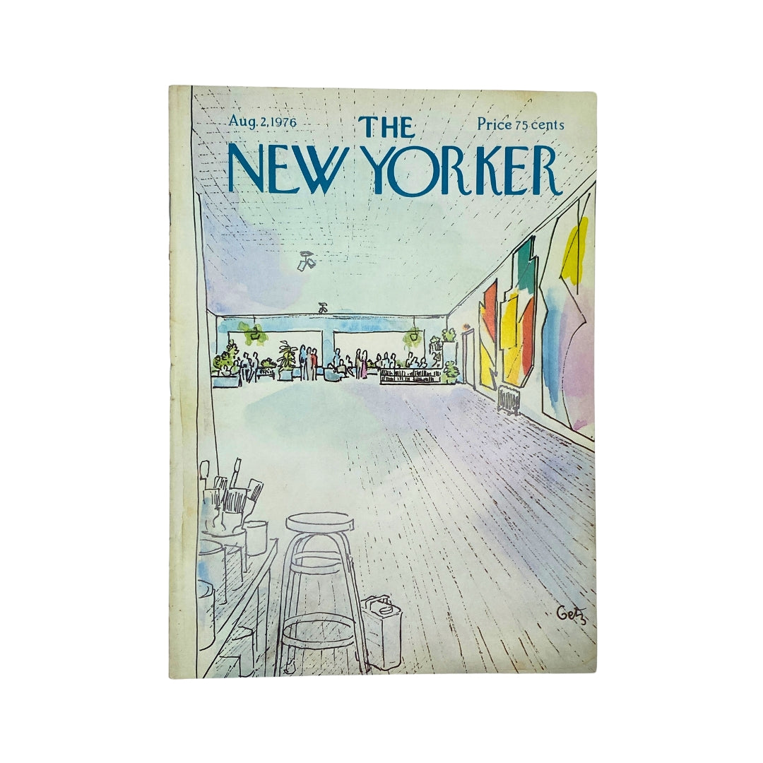 The New Yorker Complete Magazine August 2, 1976 featuring Arthur Getz cover art showcasing an artistic interior scene with colorful artwork and people in a gallery setting.