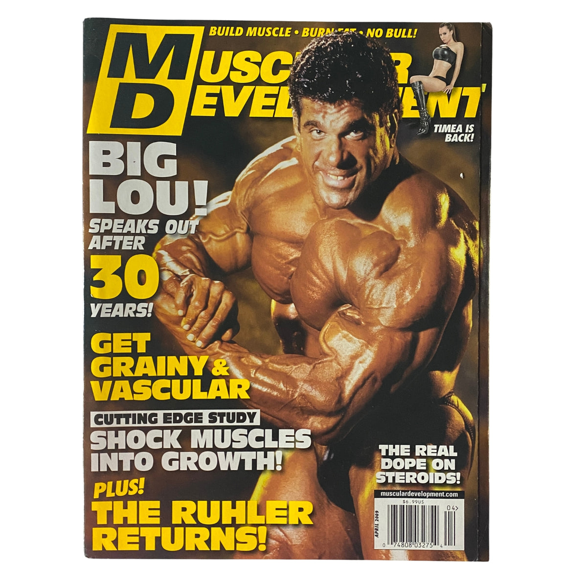 Muscular Development Magazine April 2009 featuring Lou Ferrigno on the cover, showcasing bodybuilding insights and training techniques.