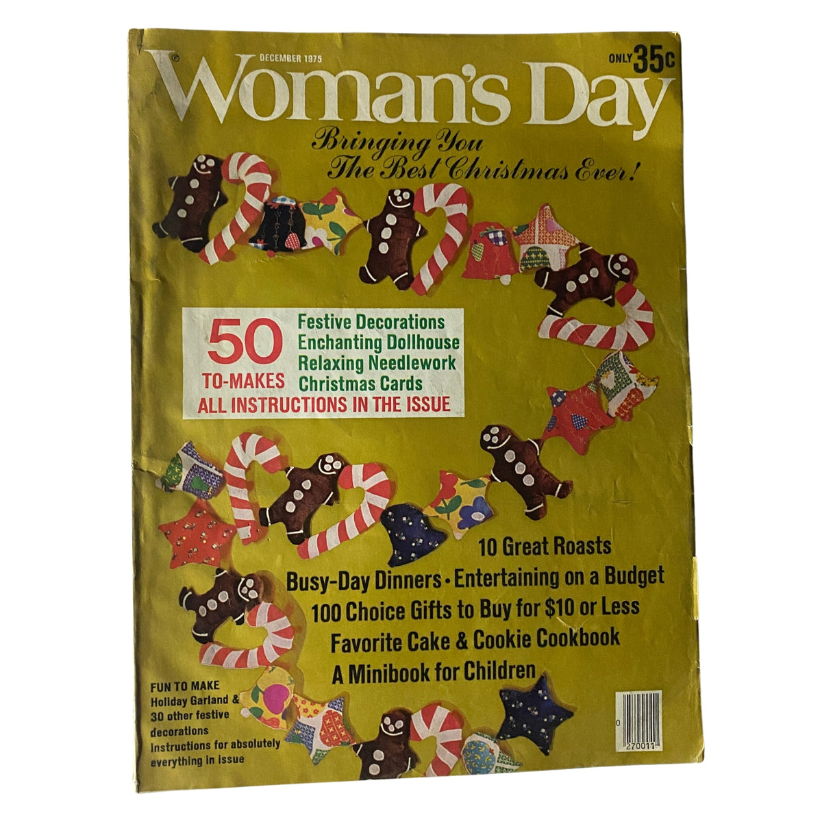 Cover of Woman's Day Magazine, December 1975, featuring festive holiday themes, including a colorful holiday garland and seasonal crafts, highlighting instructions for 50 holiday decorations.