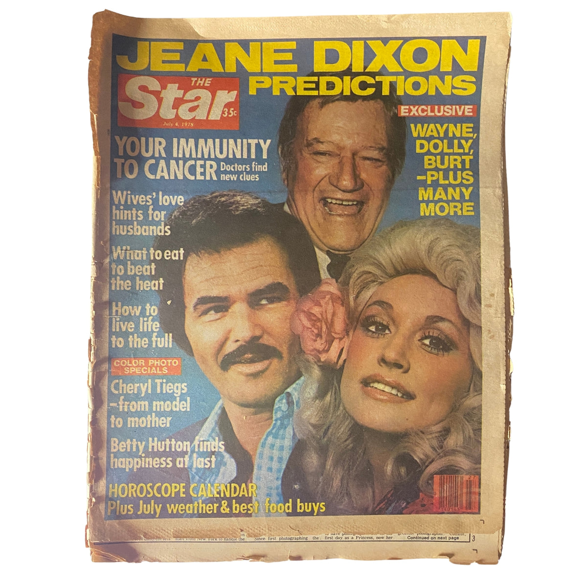 Cover of Star Tabloid Magazine July 4 1978 featuring John Wayne, Dolly Parton, and Burt Reynolds with headlines discussing health and lifestyle tips, and a horoscope calendar.