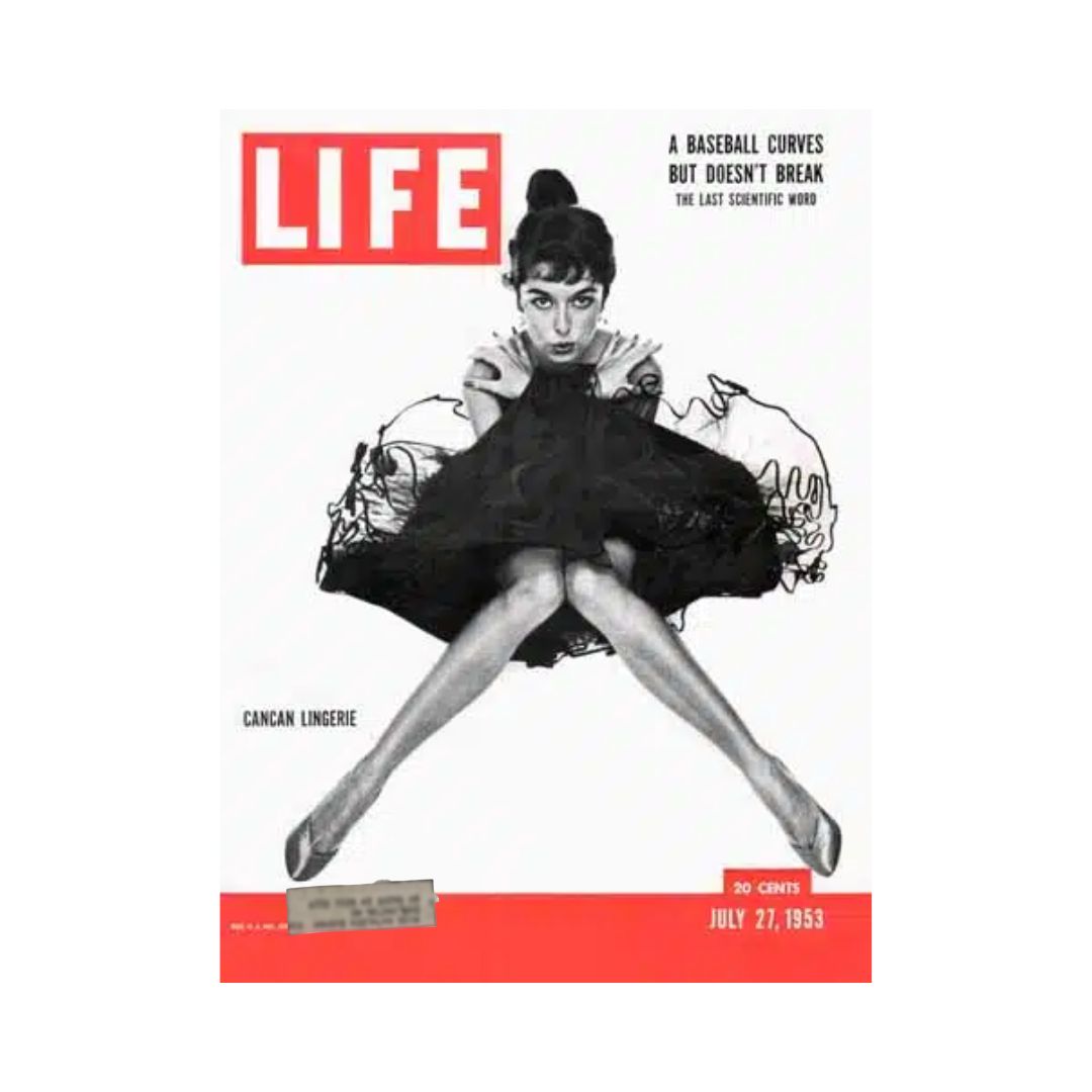 Cover of VTG Life Magazine dated July 27, 1953, featuring Cancan Lingerie Fashion, showcasing a model in an artistic pose dressed in elaborate lingerie and a dramatic black dress.