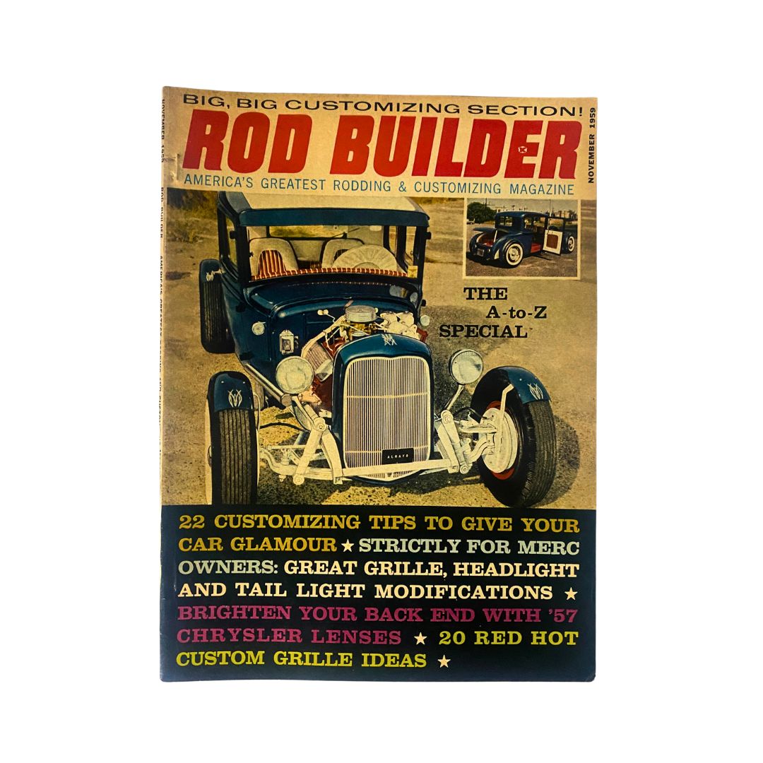 Cover of the Vintage Rod Builder Magazine from November 1959 featuring the A-to-Z Special edition, showcasing a classic hot rod and offering customizing tips for car enthusiasts.