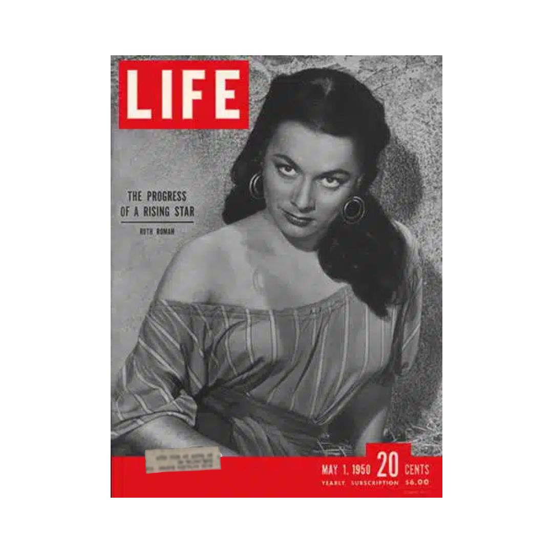 Cover of VTG Life Magazine May 1, 1950 featuring Ruth Roman, an American actress, highlighting her as a rising star with a vintage aesthetic.