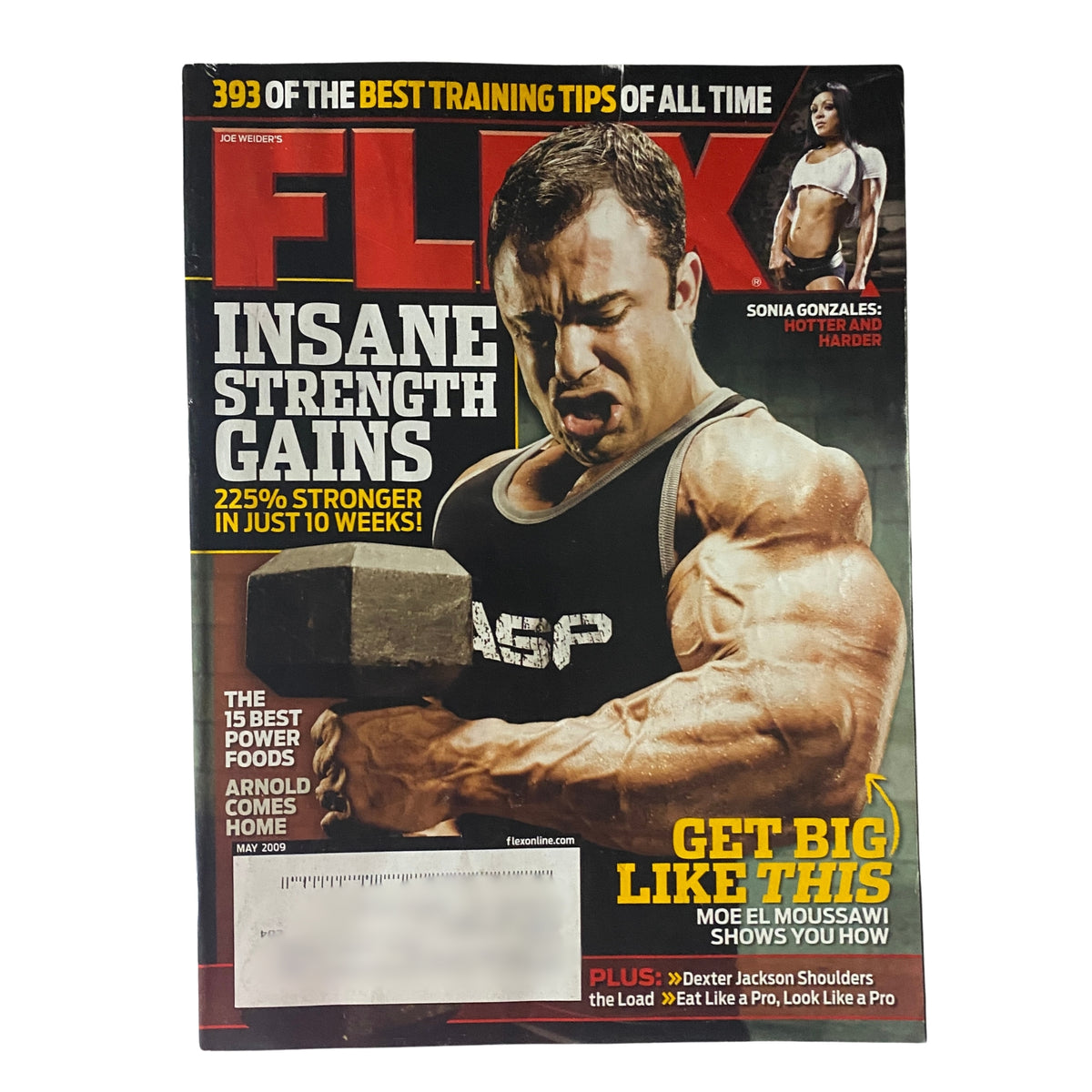 Flex Magazine May 2009 featuring Moe El Moussawi on the cover, showcasing bodybuilding insights and training techniques for strength gains.