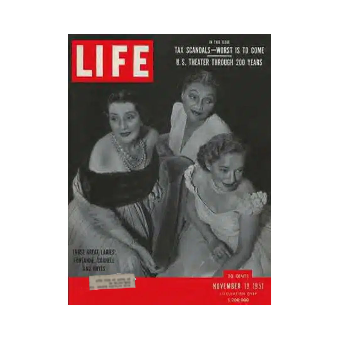 VTG Life Magazine November 19, 1951 featuring Fontanne, Cornell, and Hayes on the cover, showcasing mid-century fashion and culture.