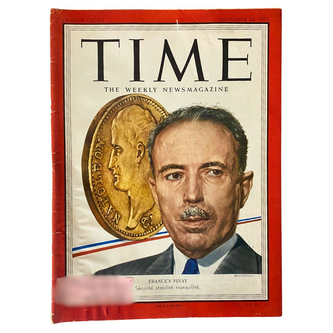 Cover of VTG Time Magazine dated December 22, 1952, featuring French politician Antoine Pinay with a coin and the title 'France's Pinay'.