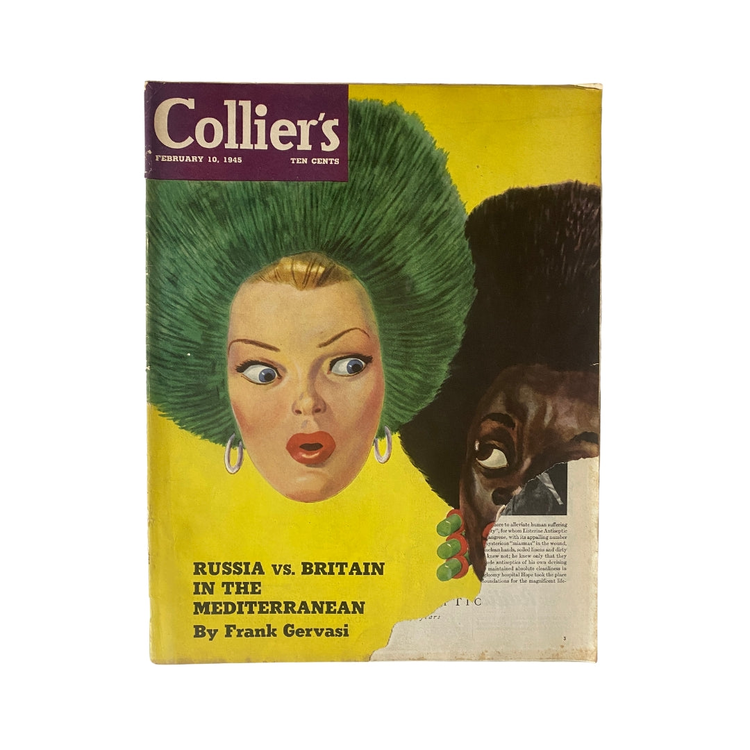 Cover of 'Collier's Magazine' dated February 10, 1945, featuring an artistic illustration with vibrant colors. The cover includes the title 'Collier's' and highlights a feature article 'Russia vs. Britain in the Mediterranean' by Frank Gervasi, showcasing mid-20th century design elements.