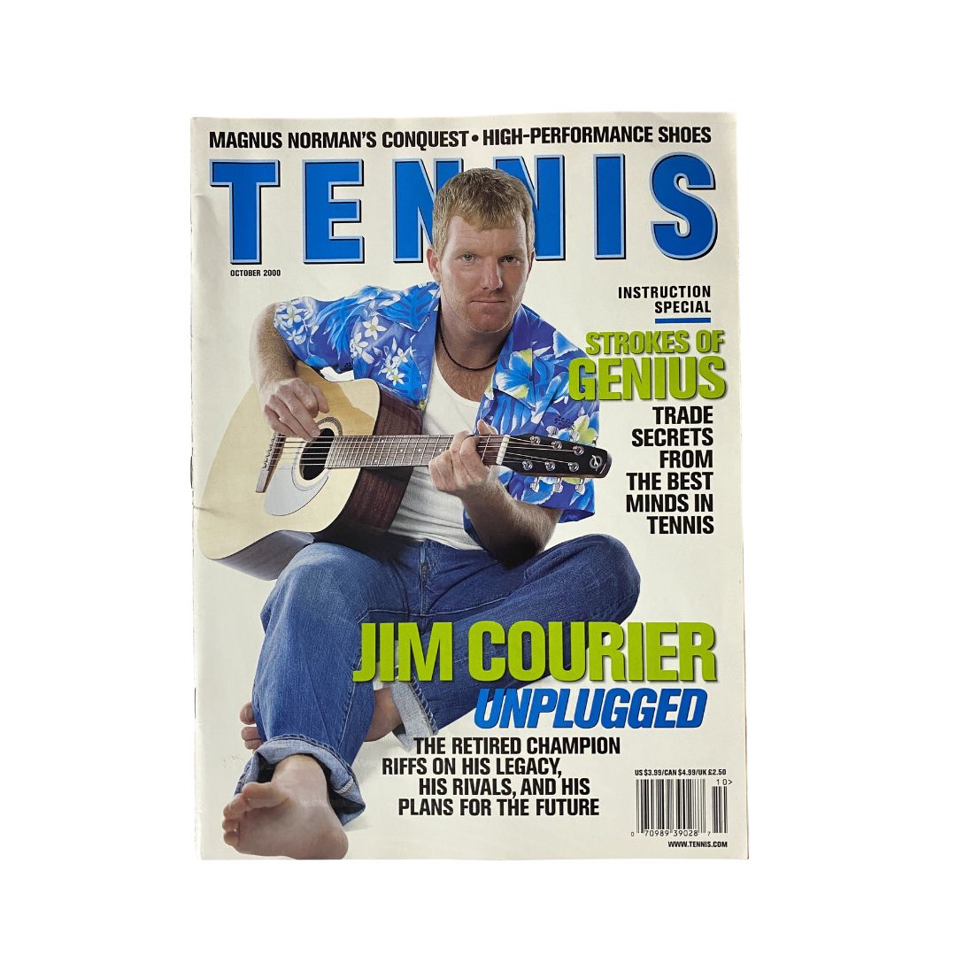 Tennis Magazine October 2000 cover featuring Jim Courier with guitar, titled 'Jim Courier Unplugged' highlighting his legacy and future plans.