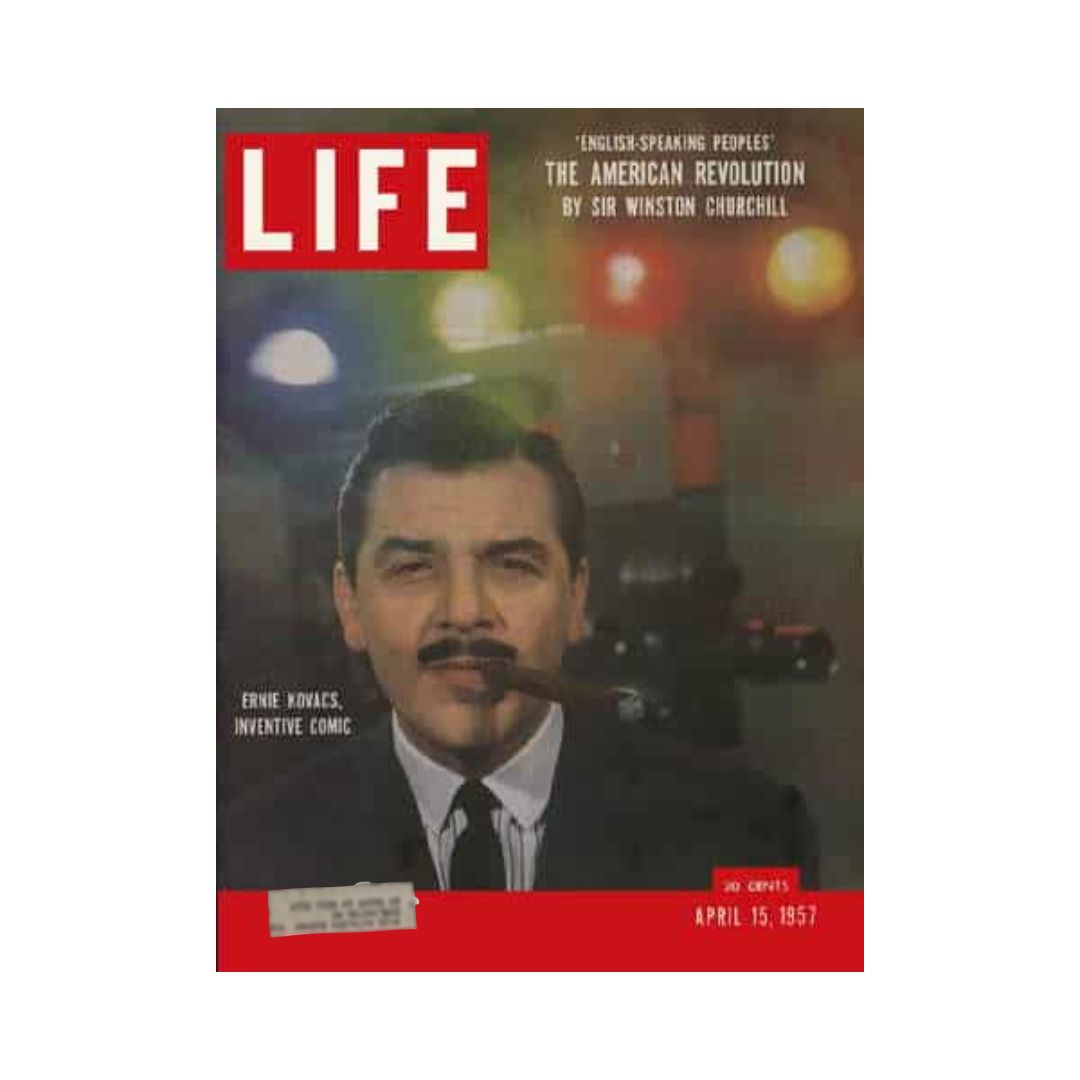 Cover of VTG Life Magazine April 15, 1957 featuring comedian Ernie Kovacs with a cigar, highlighting the inventive comic in a vintage design.