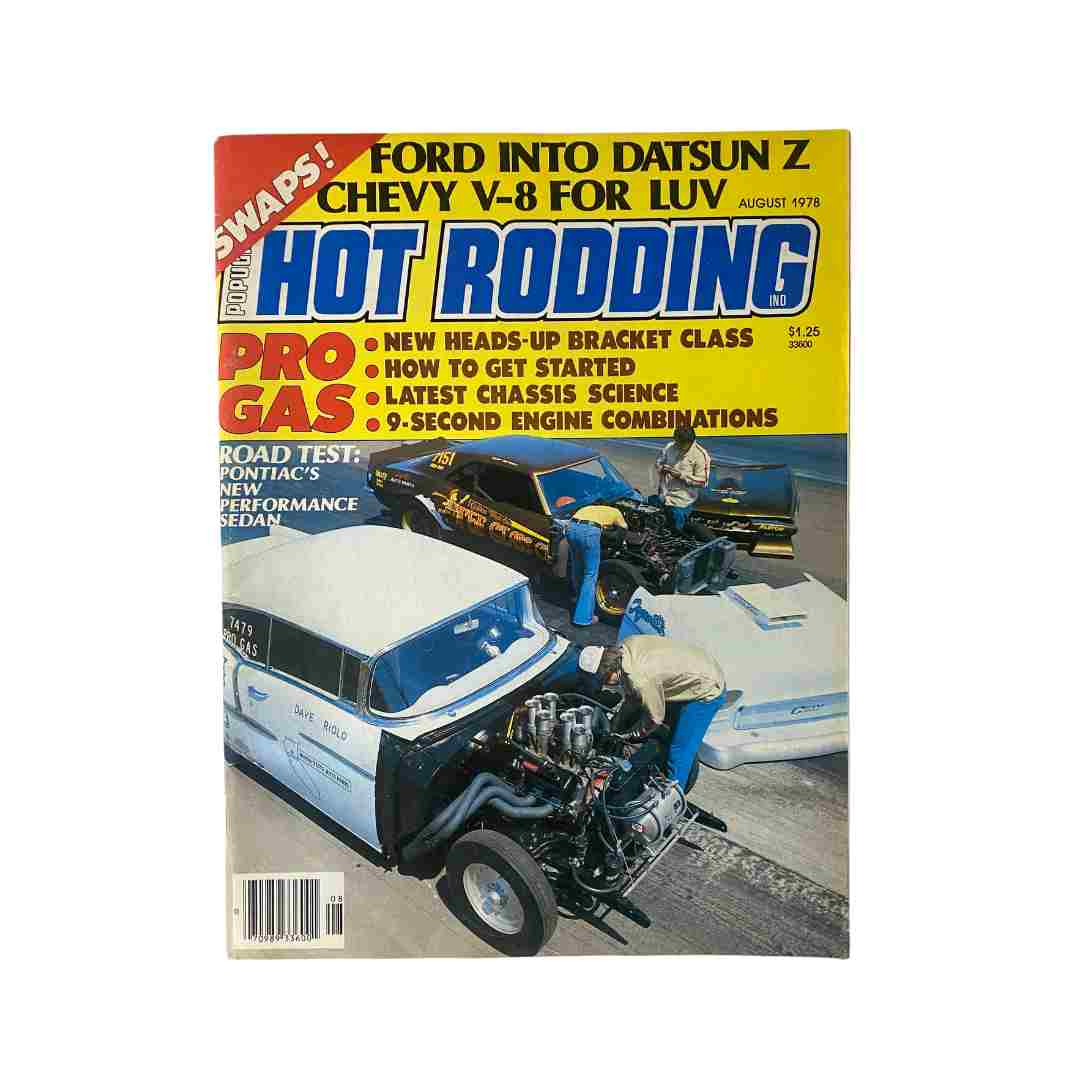 Cover of Popular Hot Rodding Magazine August 1978, featuring articles on Chevy V-8 and Pro Gas racing, showcasing a classic hot rod and racing scene.
