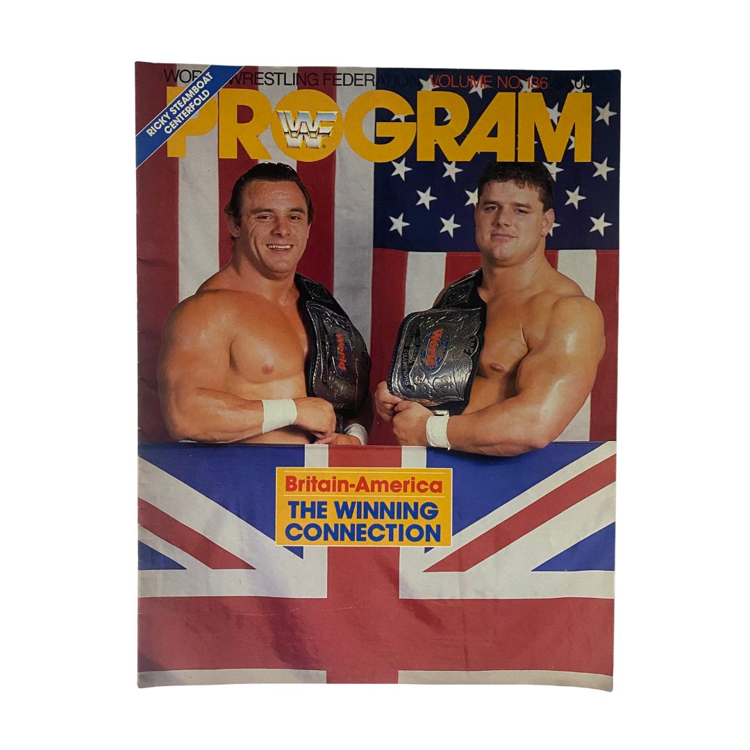 VTG WWF Program 1986 Volume No. 136, featuring two wrestlers posing with championship belts in front of British and American flags, titled 'Britain-America The Winning Connection'.