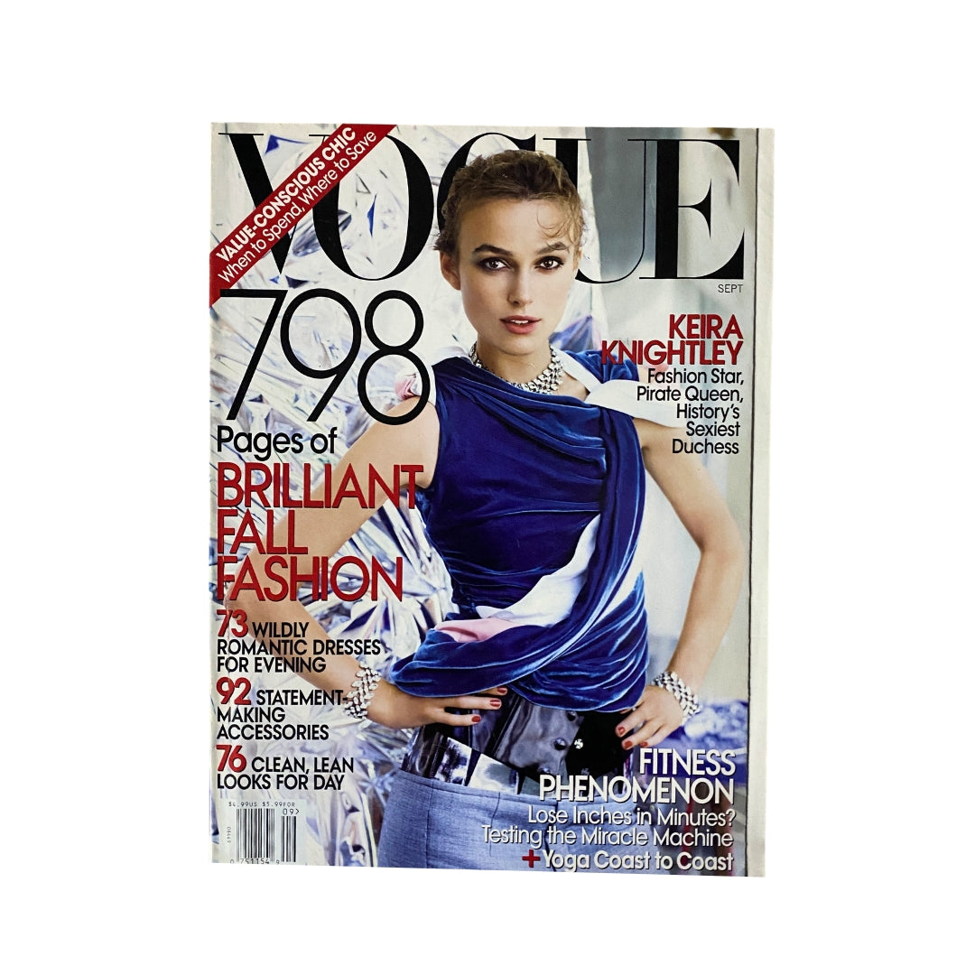 Vogue Magazine September 2008 featuring Keira Knightley on the cover, showcasing fashion and style for fall with a focus on glamorous clothing and accessories.