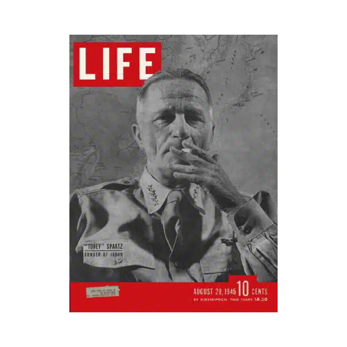 Cover of VTG Life Magazine dated August 20, 1945, featuring General 'Tooey' Spaatz, highlighting the end of World War II.