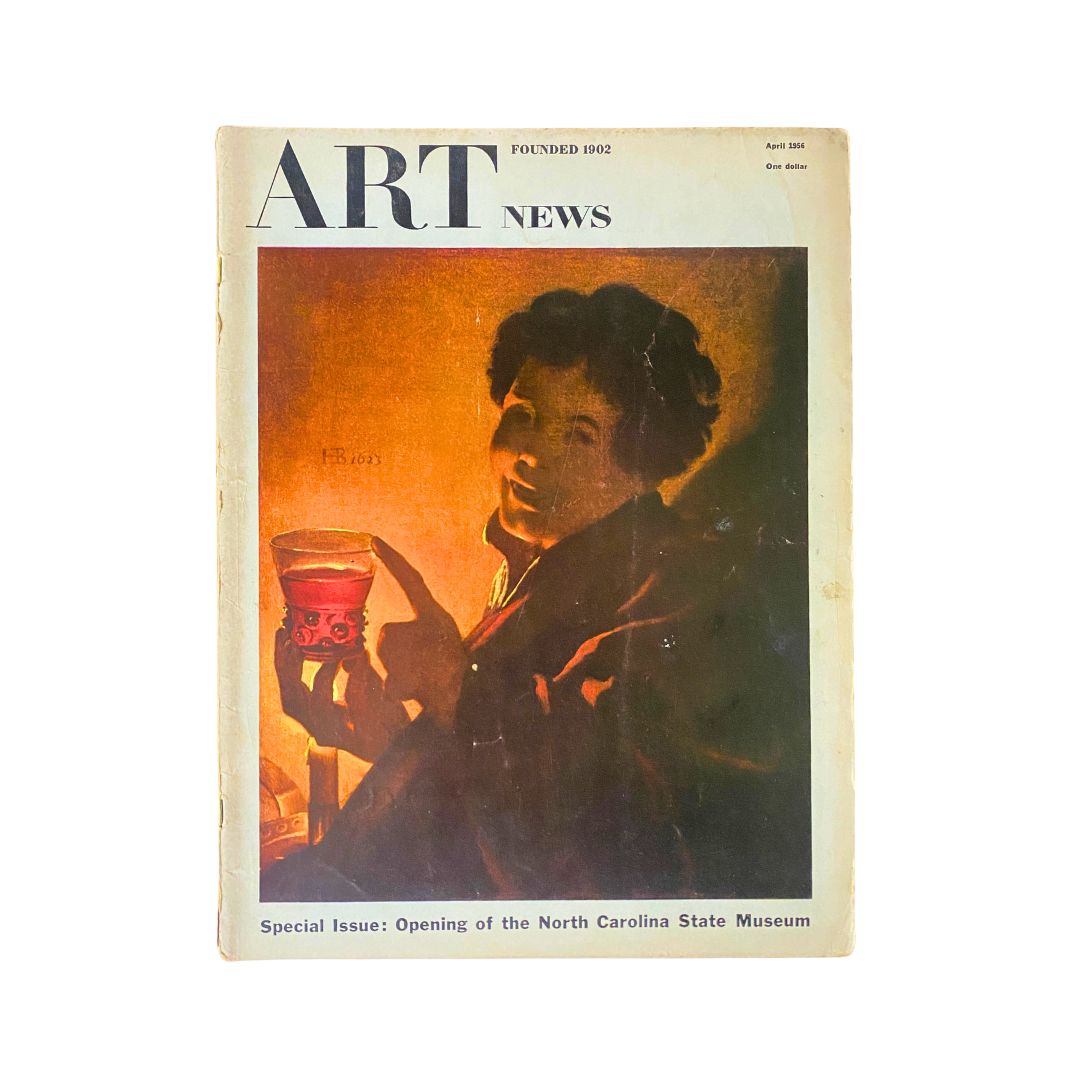 Cover of the April 1956 issue of Art News Magazine featuring the artwork 'Young Man with Wineglass by Candlelight' by Hendrik Terbrugghen.