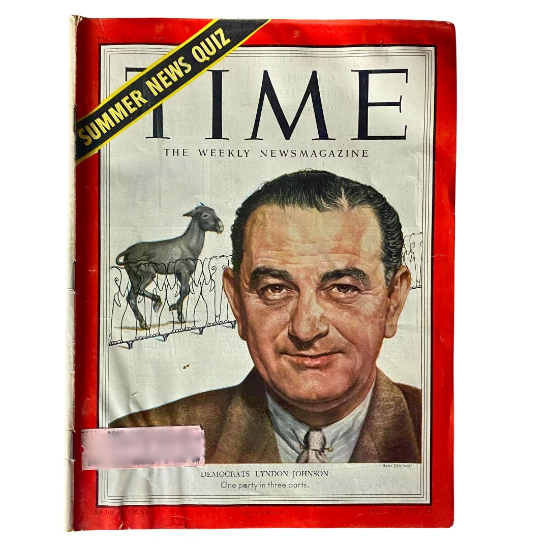 Cover of VTG Time Magazine June 22, 1953 featuring Lyndon B. Johnson, with a goat illustration and the caption 'Democrats Lyndon Johnson: One party in three parts.'