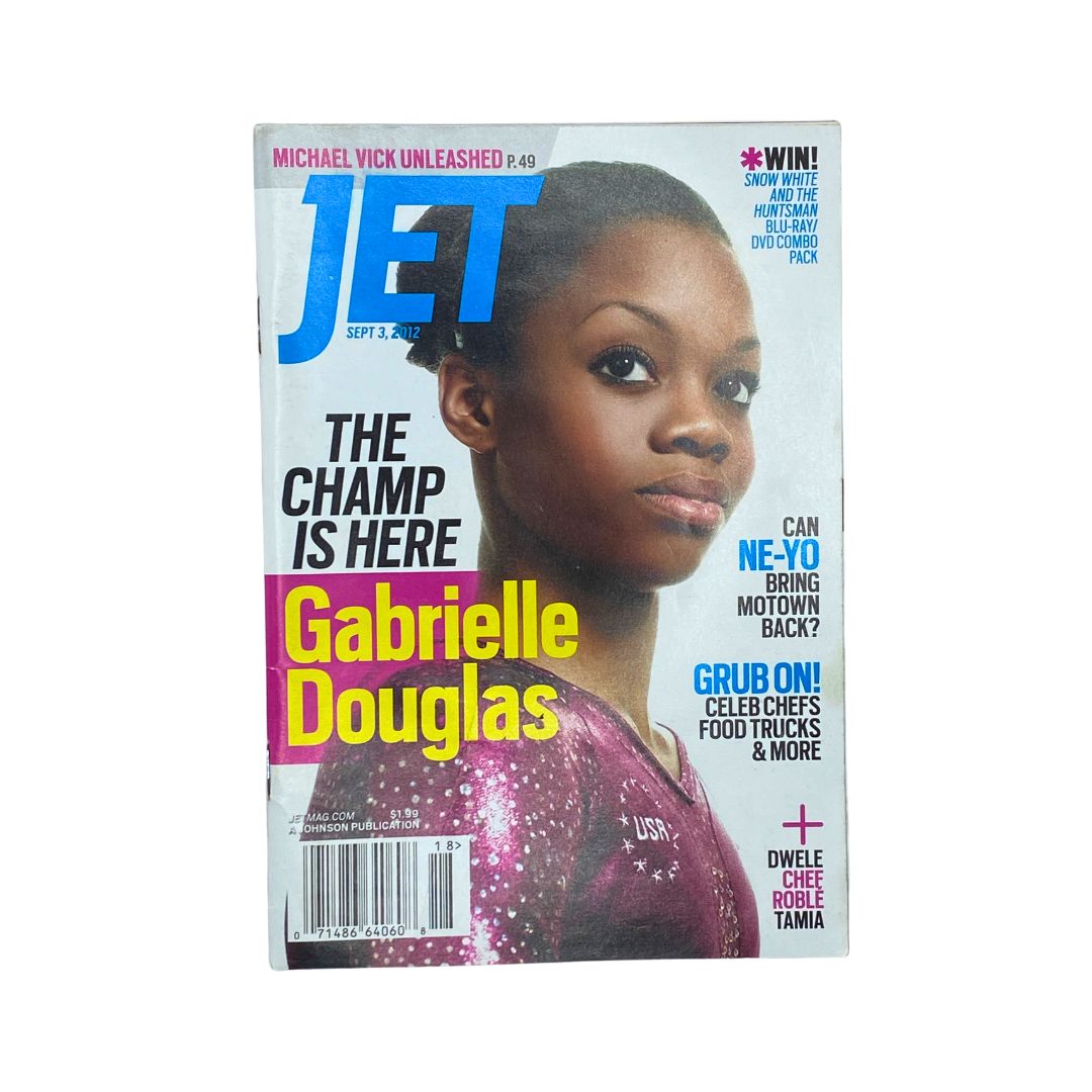 Jet Magazine September 3, 2012, Vol 121 No. 18 featuring Gabrielle Douglas on the cover, showcasing her as an Olympic champion with the title 'The Champ is Here'.
