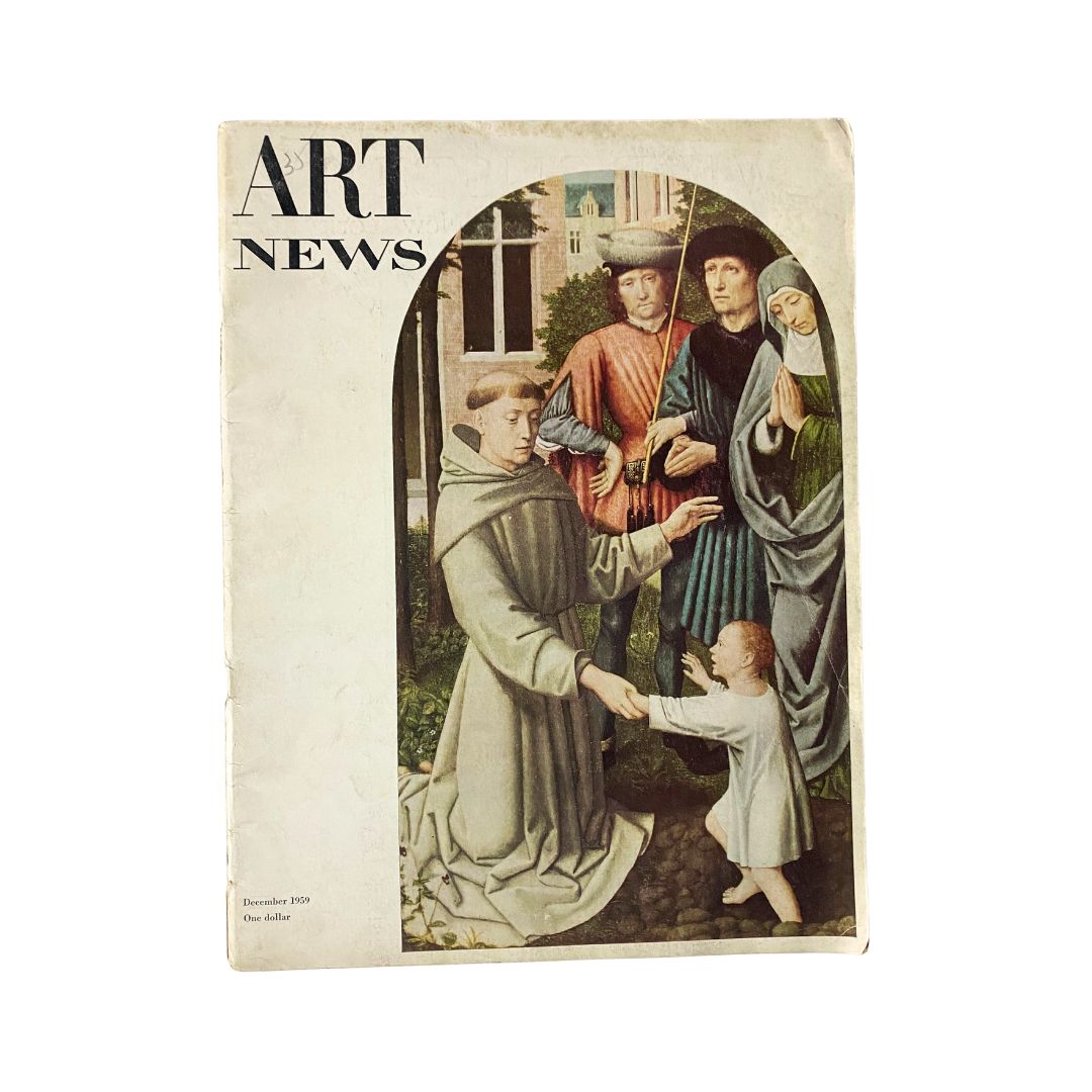 Cover of VTG Art News Magazine December 1959 featuring 'The Drowned Child Restored to Life' with a prominent image of figures interacting in front of a building.