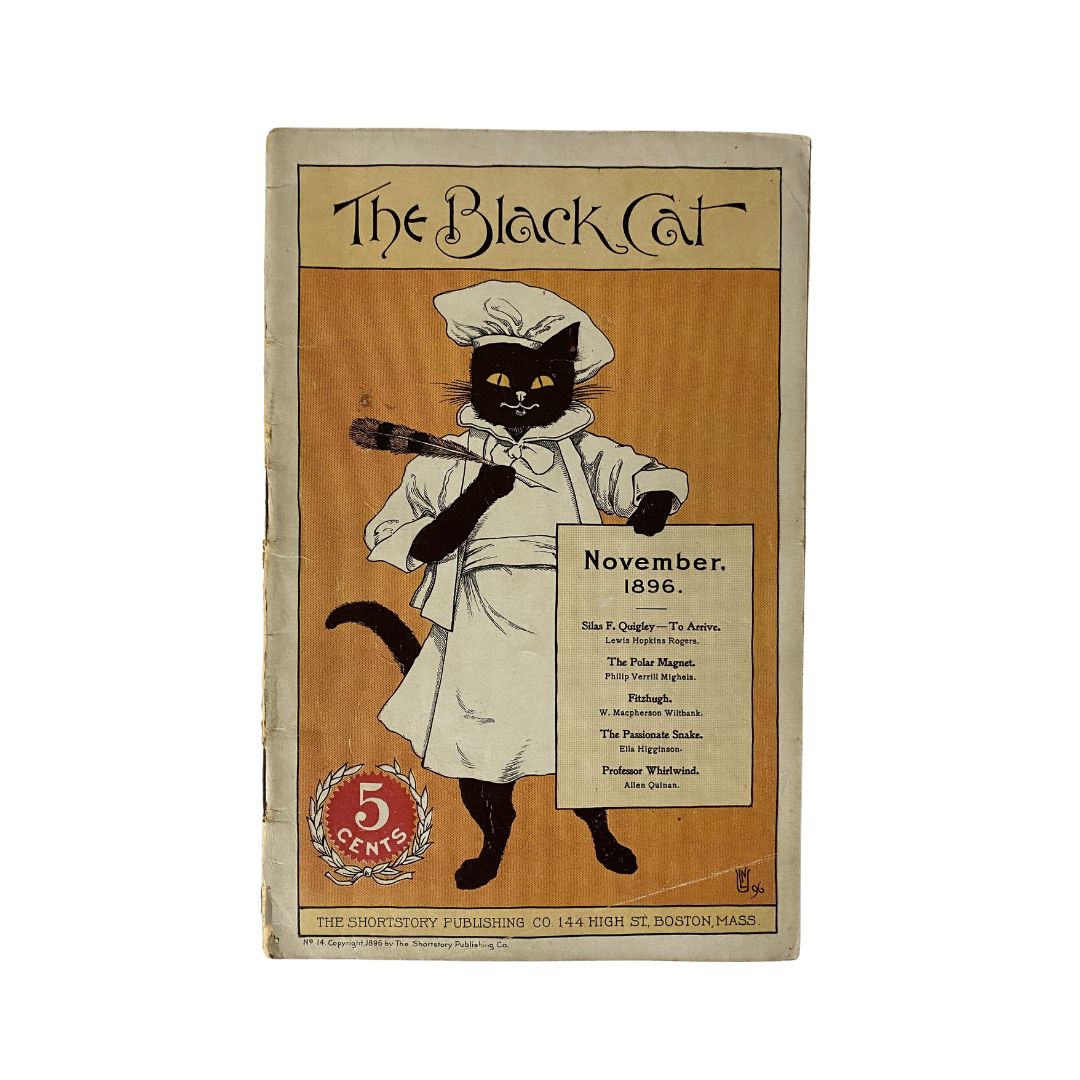 Cover of VTG The Black Cat Magazine, November 1896 featuring a whimsical illustration of a cat dressed as a chef holding a sign. This vintage magazine is a collectible piece showcasing works by Silas F. Quigley.