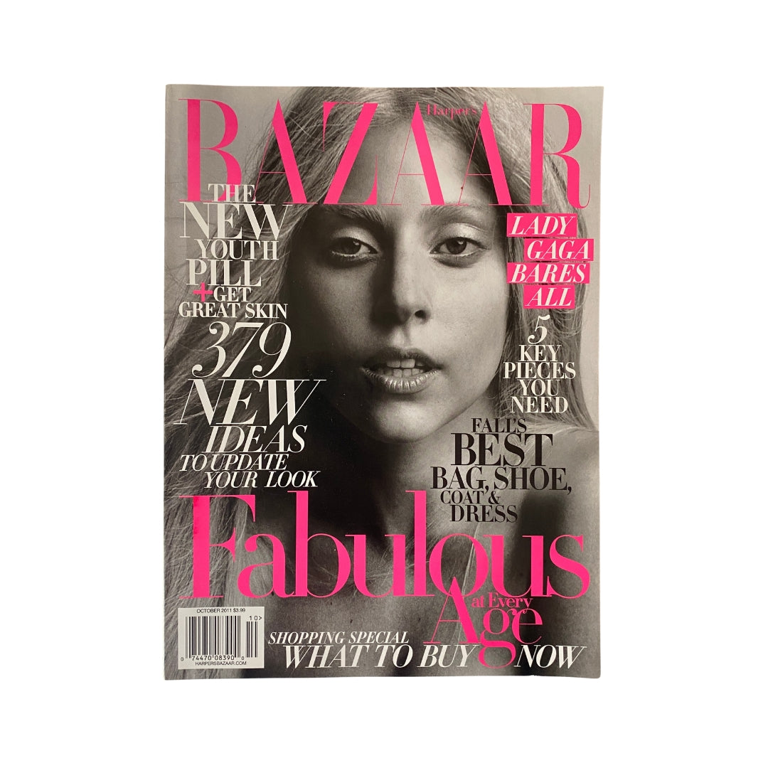 Harper's Bazaar Magazine October 2011 featuring Lady Gaga on the cover, showcasing bold fashion styles and pop culture themes, in very good condition.
