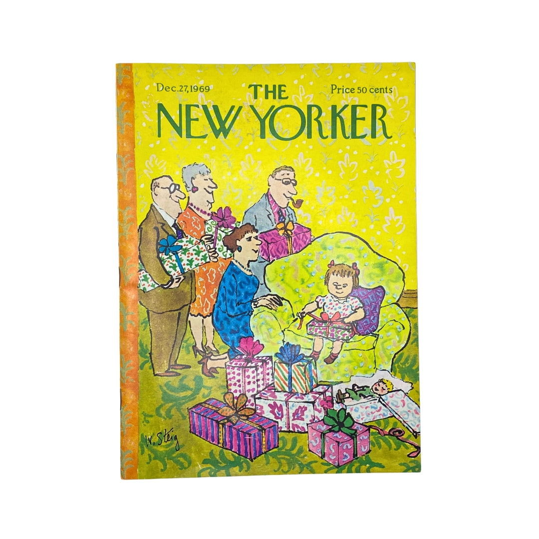 The New Yorker Complete Magazine December 27, 1969 featuring a colorful cover illustration by William Steig, depicting a family gathering with gifts and a child, in very good condition.
