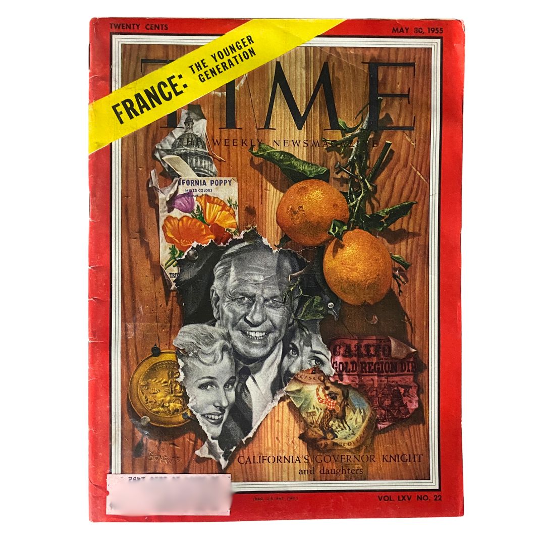 VTG Time Magazine May 30, 1955 Vol 65 No. 22 featuring a vibrant cover showcasing California's Governor Goodwin Knight along with elements of California's landscape and culture.