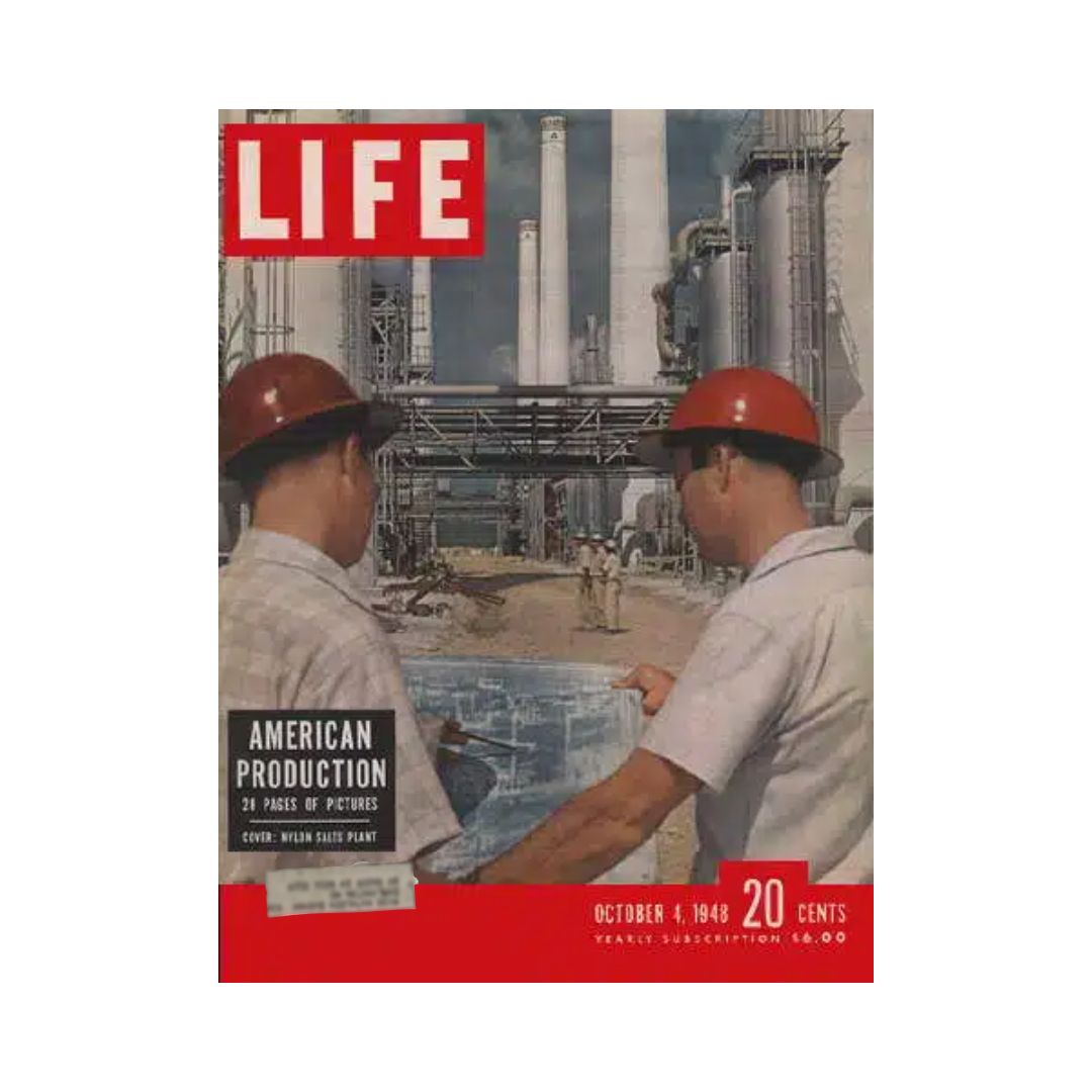 Cover of VTG Life Magazine from October 4, 1948, featuring the theme 'American Production' with two individuals in hard hats reviewing plans at a chemical plant.