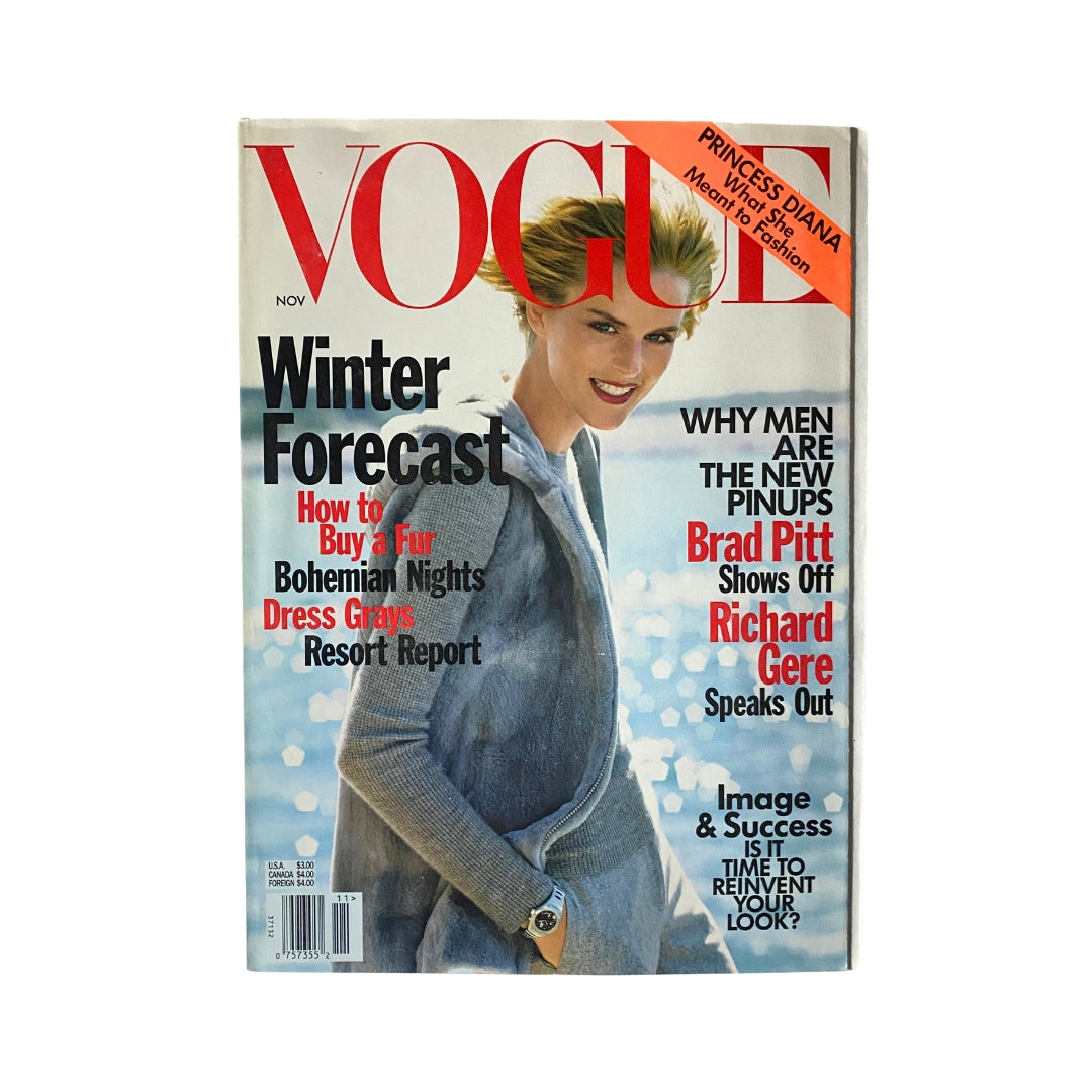 Cover of Vogue Magazine November 1997 featuring a winter forecast and a model smiling, showcasing fashion articles, including a tribute to Princess Diana.