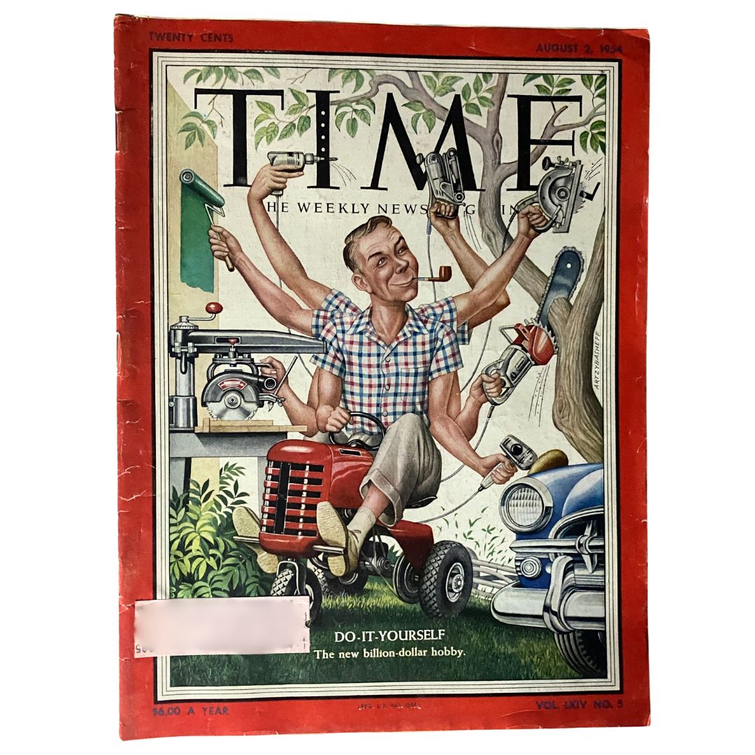 Cover of VTG Time Magazine August 2, 1954 Vol 64 No. 5 showcasing a man with multiple tools and equipment representing DIY hobbies.