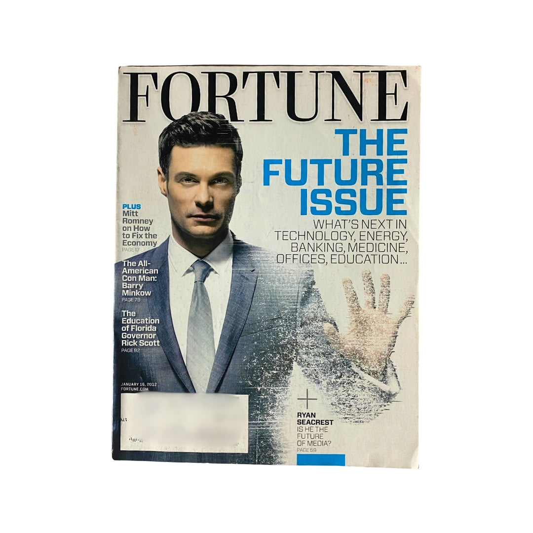 Fortune Magazine cover featuring Ryan Seacrest for the January 16, 2012 issue titled 'The Future Issue,' showcasing a formal portrait of Seacrest with a focus on technology and economics.