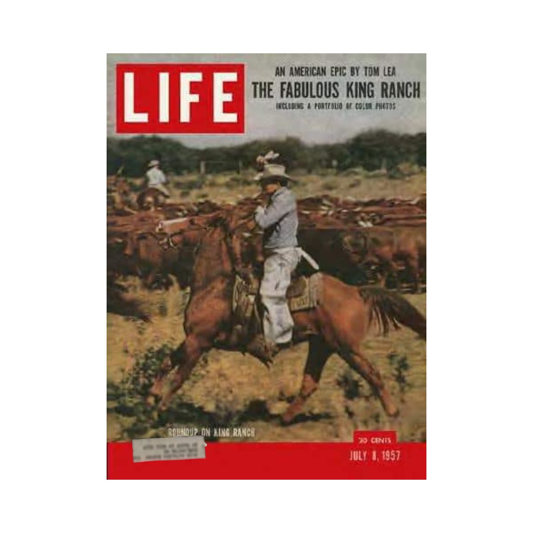 Cover of VTG Life Magazine July 8, 1957 featuring a roundup on King Ranch in Texas, showcasing a cowboy on horseback amidst cattle, illustrating the ranching lifestyle.