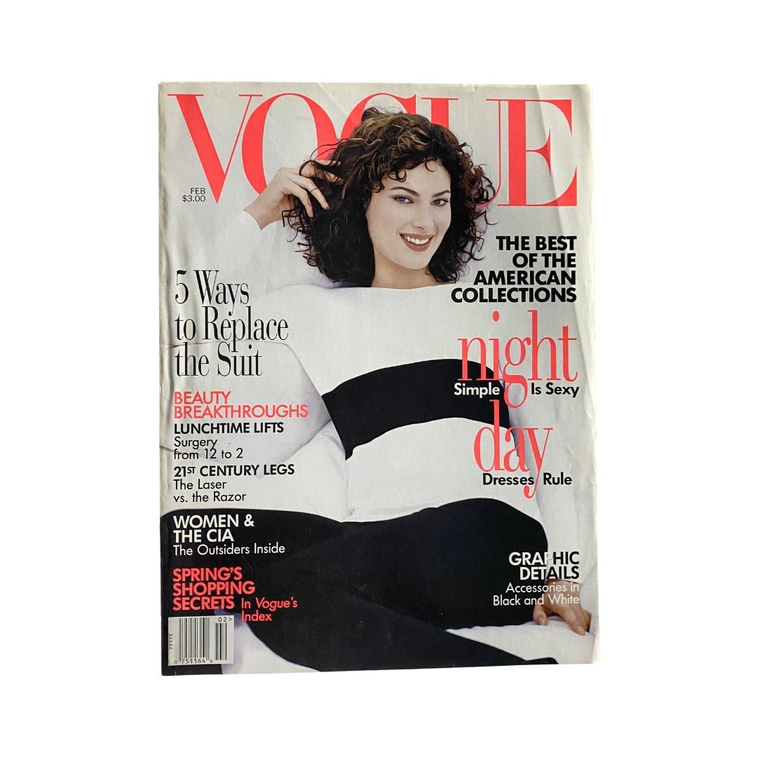 Vogue Magazine February 1996 Shalom Harlow Cover No Label, featuring an elegant fashion model with curly hair, showcasing a magazine focused on fashion trends and design.