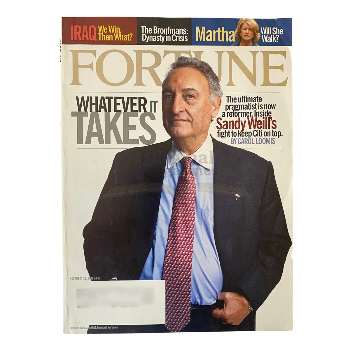 Cover of Fortune Magazine from November 25, 2002 featuring Sandy Weill, titled 'Whatever It Takes,' highlighting his influence in banking and leadership at Citigroup.